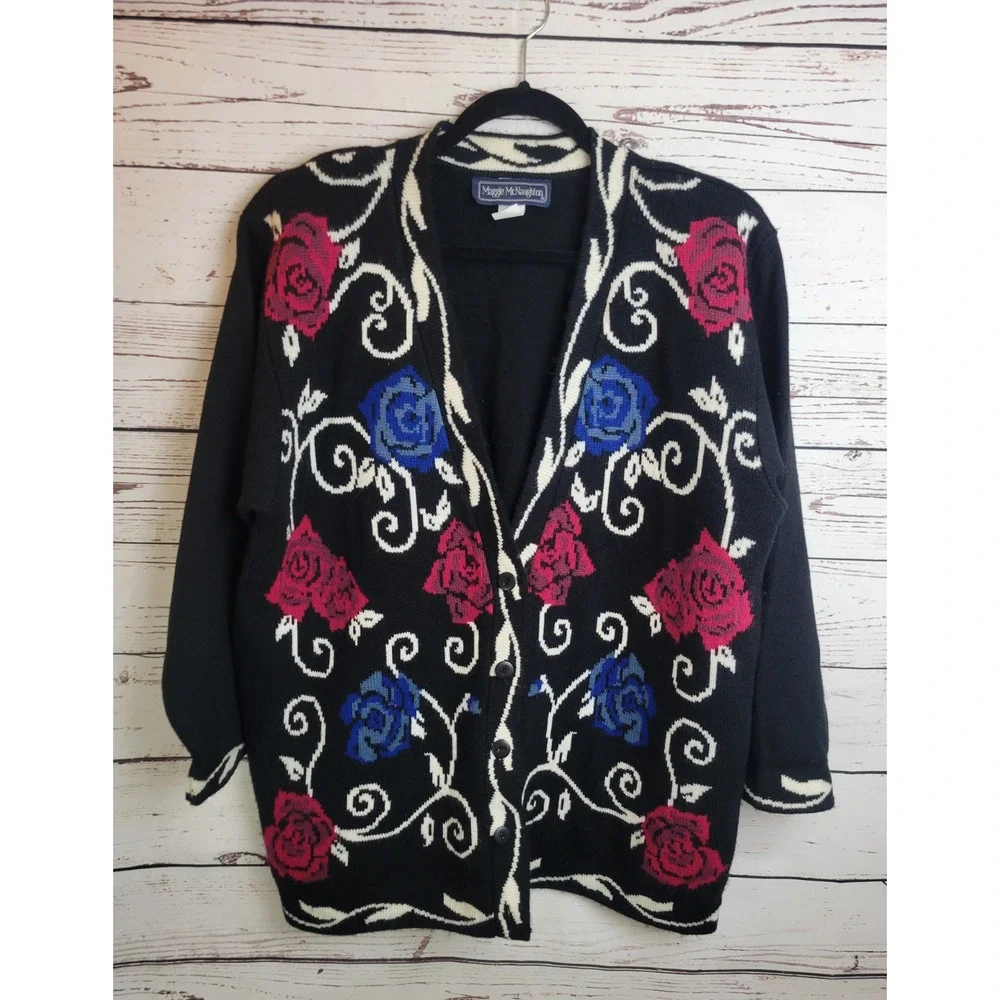 Vtg Maggie McNaughton Cardigan Sweater Black Red Blue Floral Knit Women's 1X‎